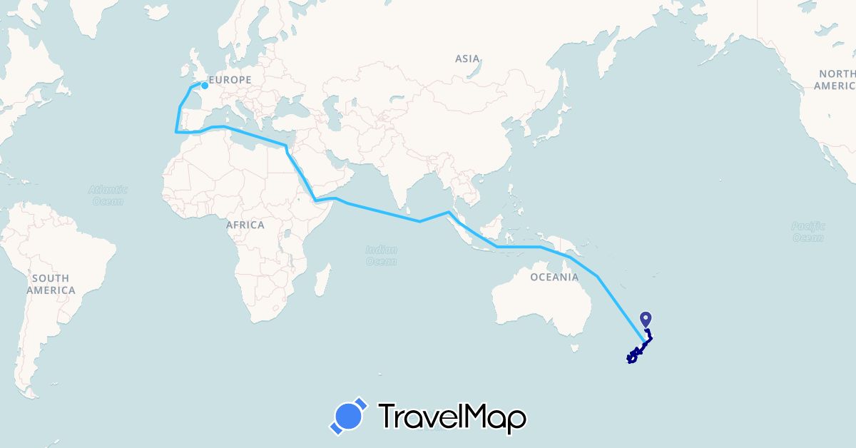 TravelMap itinerary: driving, bus, boat in France, New Zealand (Europe, Oceania)