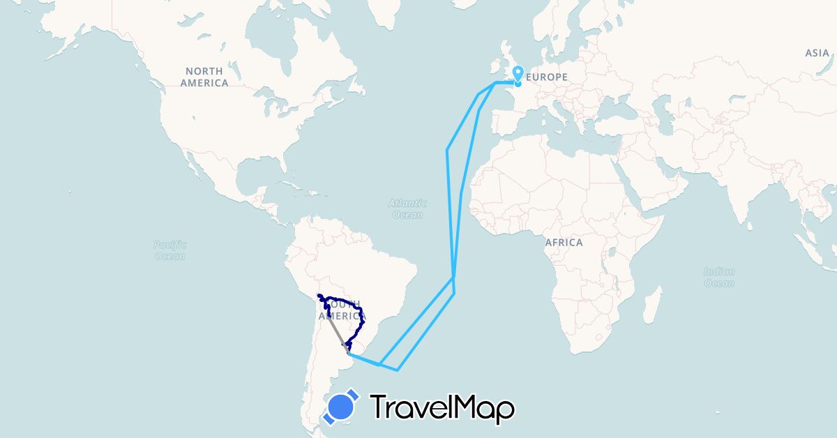 TravelMap itinerary: driving, plane, boat in Argentina, Bolivia, Brazil, France (Europe, South America)